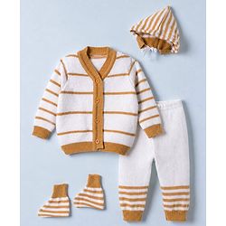 Babyhug Knit Full Sleeves Sweater Set With Cap Booties & Stripes Design - White & Light Brown