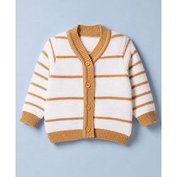 Babyhug Knit Full Sleeves Sweater Set With Cap Booties & Stripes Design - White & Light Brown