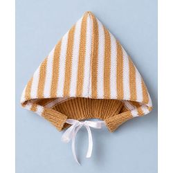 Babyhug Knit Full Sleeves Sweater Set With Cap Booties & Stripes Design - White & Light Brown