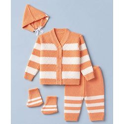 Babyhug Knit Full Sleeves Sweater Set and Cap with Booties and Striped Print in Orange
