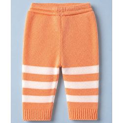 Babyhug Knit Full Sleeves Sweater Set and Cap with Booties and Striped Print in Orange