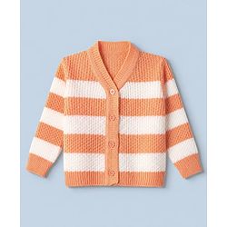 Babyhug Knit Full Sleeves Sweater Set and Cap with Booties and Striped Print in Orange