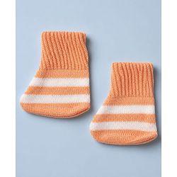 Babyhug Knit Full Sleeves Sweater Set and Cap with Booties and Striped Print in Orange