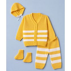Babyhug Knit Sweater Set and Cap and Booties with Full Sleeves and Stripes Design in Yellow for Preemie-Preemie