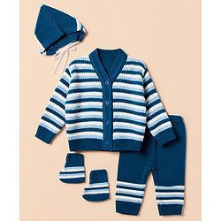 Babyhug Knit Full Sleeves Sweater Set With Cap & Booties and Striped Print in Navy Blue