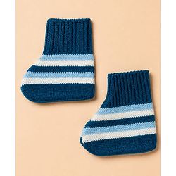 Babyhug Knit Full Sleeves Sweater Set With Cap & Booties and Striped Print in Navy Blue