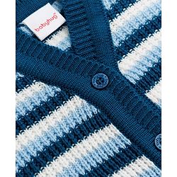 Babyhug Knit Full Sleeves Sweater Set With Cap & Booties and Striped Print in Navy Blue