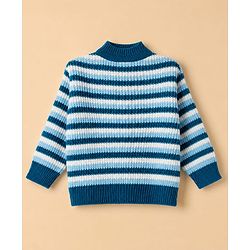Babyhug Knit Full Sleeves Sweater Set With Cap & Booties and Striped Print in Navy Blue