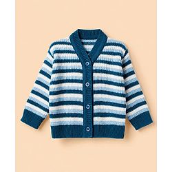 Babyhug Knit Full Sleeves Sweater Set With Cap & Booties and Striped Print in Navy Blue