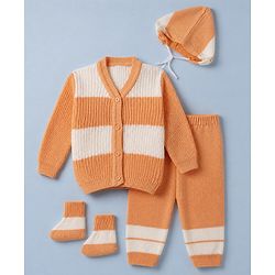Babyhug Knit Sweater Set Cap and Booties With Full Sleeves and Stripes Design in Orange