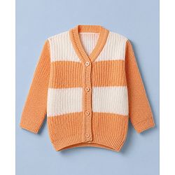 Babyhug Knit Sweater Set Cap and Booties With Full Sleeves and Stripes Design in Orange