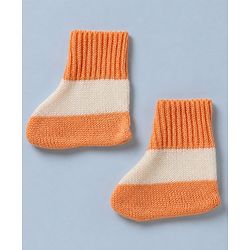 Babyhug Knit Sweater Set Cap and Booties With Full Sleeves and Stripes Design in Orange