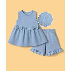 Babyhug 100% Cotton Woven Sleeveless Top and Shorts Set With Bow Applique - Blue