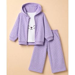 Babyhug 100% Cotton Terry Knit Full Sleeves Jacket With Inner Tee & Pant Set with Cat Print - Purple