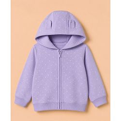 Babyhug 100% Cotton Terry Knit Full Sleeves Jacket With Inner Tee & Pant Set with Cat Print - Purple