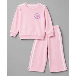 Babyhug 100% Cotton Terry Knit Full Sleeves Top & Pant Set With Text Print - Pink