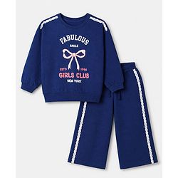 Babyhug Velour Knit Full Sleeves Winter Wear Suit With Bow Print - Navy Blue