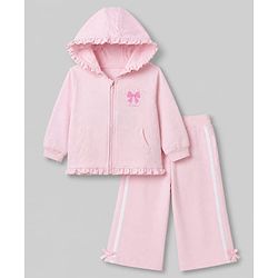 Babyhug 100% Cotton Terry Knit Full Sleeves Hooded Jacket & Legging With Bow - Pink