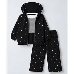 Babyhug 100% Cotton Terry Knit Full Sleeves Top and Pant Set with Hearts Print & Hooded Jacket in Black