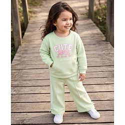 Babyhug Terry Knit Full Sleeves Top With Bow & Text Embroidery & Pant Set - Light Green