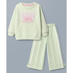 Babyhug Terry Knit Full Sleeves Top With Bow & Text Embroidery & Pant Set - Light Green