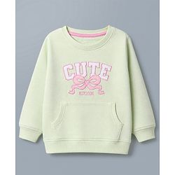 Babyhug Terry Knit Full Sleeves Top With Bow & Text Embroidery & Pant Set - Light Green