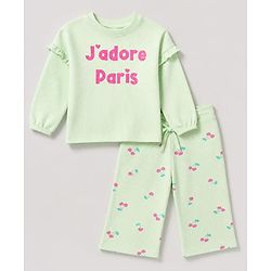 Babyhug 100% Cotton Terry Knit Ribbed Full Sleeves Top and Pant with J'Adore Paris Text & Cherry Print - Light Green