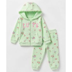 Babyhug 100% Cotton Terry Knit Full Sleeves Hooded Jacket & Jogger With Floral Print - Green