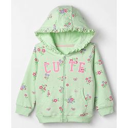 Babyhug 100% Cotton Terry Knit Full Sleeves Hooded Jacket & Jogger With Floral Print - Green