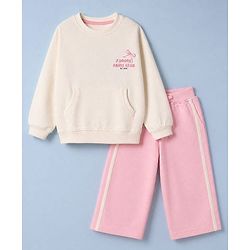 Babyhug 100% Cotton Terry Knit Full Sleeves Winter Wear Suit With Bow Detailing - White