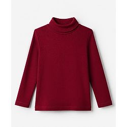 Babyhug Cotton Knit Ribbed Turtle Neck Solid T-Shirt with Full Sleeves - Burgundy