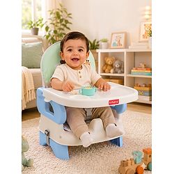 Babyhug Comfort Folding Booster Seat with 3 Point Safety Harness - Blue| Adjustable Height| Removable Food Tray| Foldable Design| Washable Seat Cover