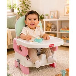 Babyhug Comfort Folding Booster Seat with 3 Point Safety Harness - Pink| Adjustable Height| Removable Food Tray| Foldable Design| Washable Seat Cover