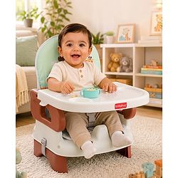 Babyhug Comfort Folding Booster Seat with 3 Point Safety Harness - Brown| Adjustable Height| Removable Food Tray| Foldable Design| Washable Seat Cover