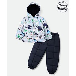 Babyhug Woven Full Sleeves Hooded Padded Quilted Winter Jacket and Pant with Dinosaur Print - White & Blue