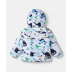 Babyhug Woven Full Sleeves Hooded Padded Quilted Winter Jacket and Pant with Dinosaur Print - White & Blue