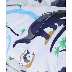 Babyhug Woven Full Sleeves Hooded Padded Quilted Winter Jacket and Pant with Dinosaur Print - White & Blue