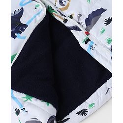 Babyhug Woven Full Sleeves Hooded Padded Quilted Winter Jacket and Pant with Dinosaur Print - White & Blue