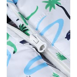 Babyhug Woven Full Sleeves Hooded Padded Quilted Winter Jacket and Pant with Dinosaur Print - White & Blue