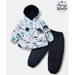 Babyhug Woven Full Sleeves Hooded Winter Wear Suit With Animal Print - White