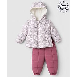 Babyhug Woven Heavy Polyfill Full Sleeves Floral Printed Hooded Winter Wear Suit - Pink