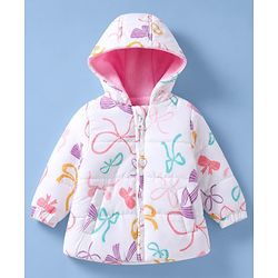 Babyhug Woven Heavy Polyfill Full Sleeves Bow Printed Winter Wear Suit - White & Pink