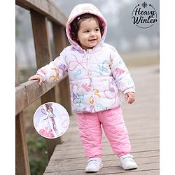 Babyhug Woven Heavy Polyfill Full Sleeves Bow Printed Winter Wear Suit - White & Pink