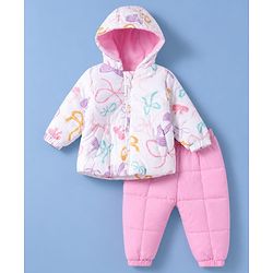 Babyhug Woven Heavy Polyfill Full Sleeves Bow Printed Winter Wear Suit - White & Pink
