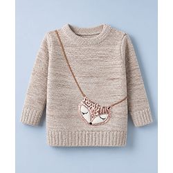 Babyhug Knit Pullover with Full Sleeves Fox Design With Sling Bag Applique in Beige