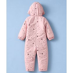 Babyhug Woven Heavy Polyfill Full Raglan Sleeves Star Foil Printed Winter Wear Hooded Romper - Pink