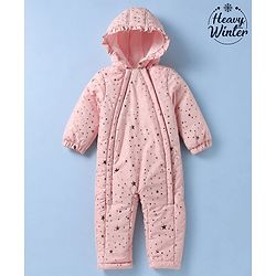 Babyhug Woven Heavy Polyfill Full Raglan Sleeves Star Foil Printed Winter Wear Hooded Romper - Pink