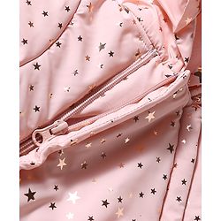 Babyhug Woven Heavy Polyfill Full Raglan Sleeves Star Foil Printed Winter Wear Hooded Romper - Pink