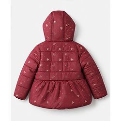 Babyhug Woven Padded/Quilted/ Winter Jacket with Full Sleeves and Bow Foil/Glitter Print in Maroon