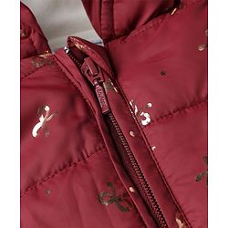Babyhug Woven Padded/Quilted/ Winter Jacket with Full Sleeves and Bow Foil/Glitter Print in Maroon